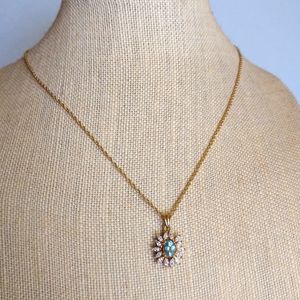 Vintage Aquamarine CZ Gold Flower Necklace 18 inch